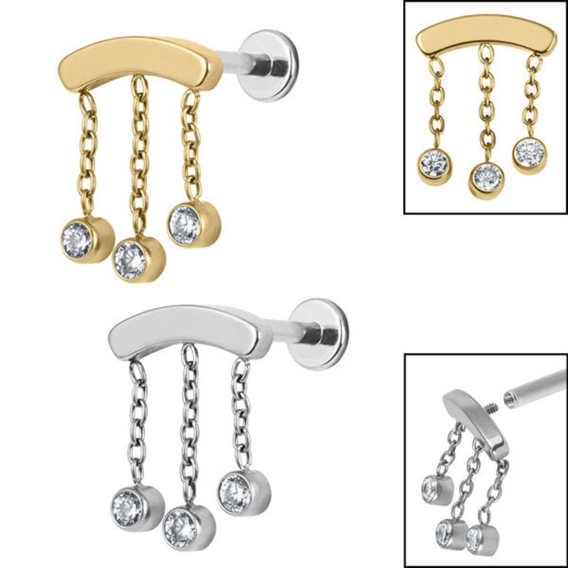 Titanium Internally Threaded Labrets 1.2mm - Titanium 3 Jewel Chain Drop