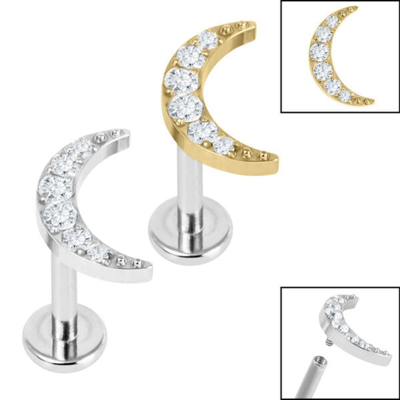Titanium Internally Threaded Labrets 1.2mm - Titanium Jewelled Crescent Moon