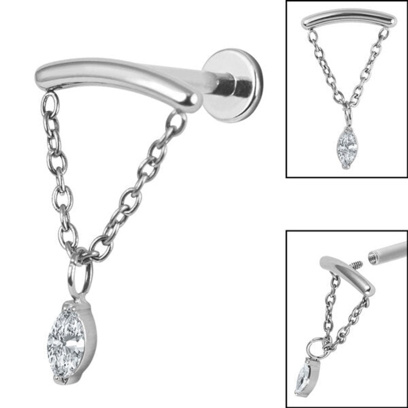Titanium Internally Threaded Labrets 1.2mm - Titanium Jewelled Marquise Chain Loop
