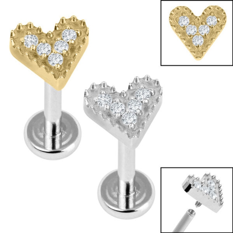 Titanium Internally Threaded Labrets 1.2mm - Titanium Textured Jewelled Heart