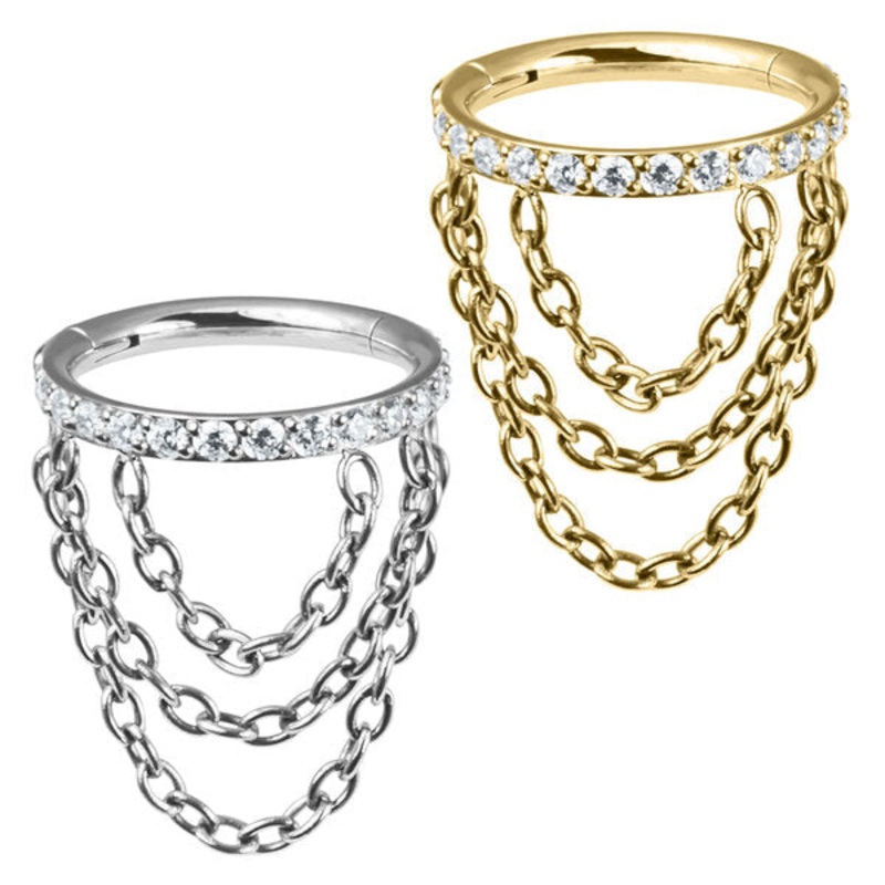 Titanium Side Jewelled Orbit Triple Loop Chain Hinged Clicker Ring