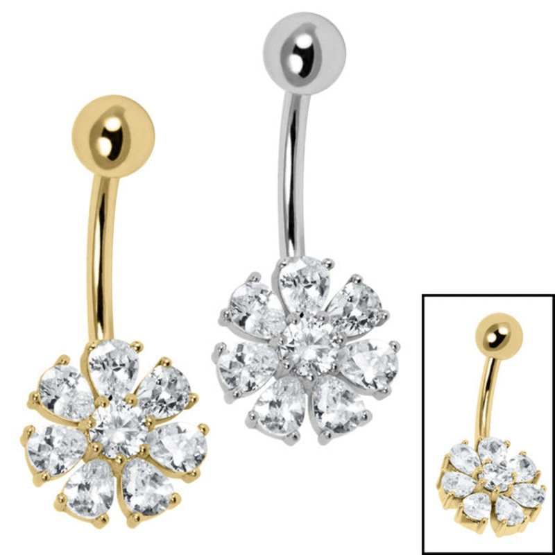 Belly Bar - Primrose Flower|1.6mm, 10mm, Crystal Clear|Gold Steel|Steel