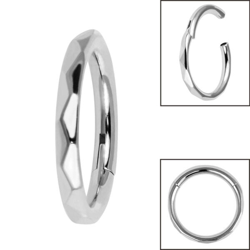 Titanium Diamond Faceted Pattern Hinged Edge Clicker Ring