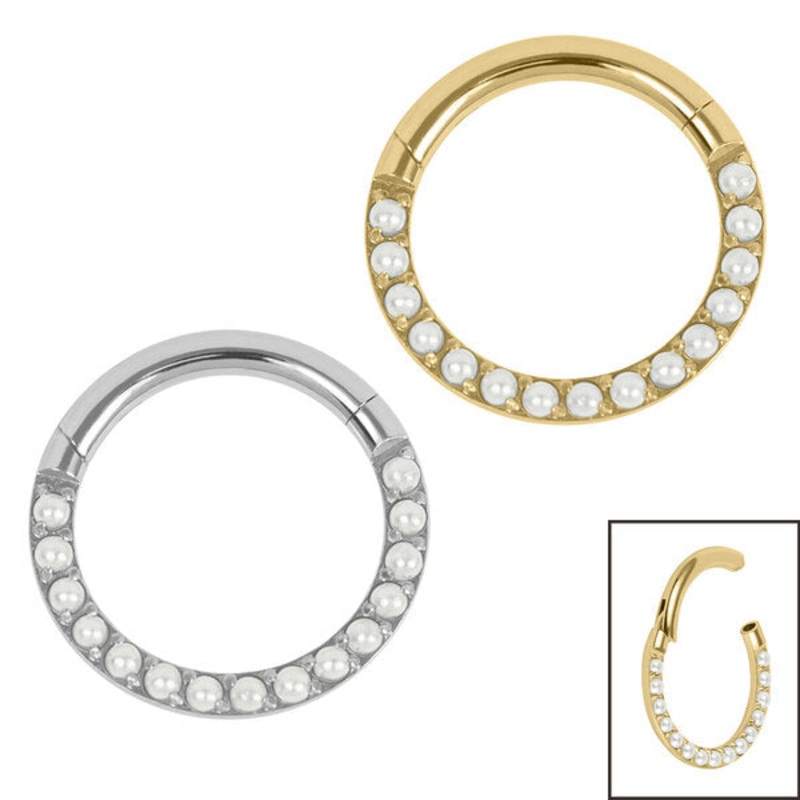 Titanium Hinged Pave Set Pearl Eternity Clicker Ring