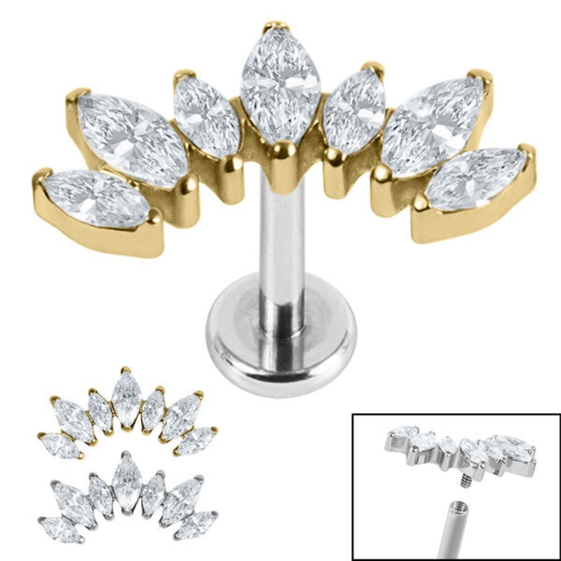 Titanium Internally Threaded Labrets 1.2mm - Titanium Claw Set 7 CZ Jewelled Marquise Crown
