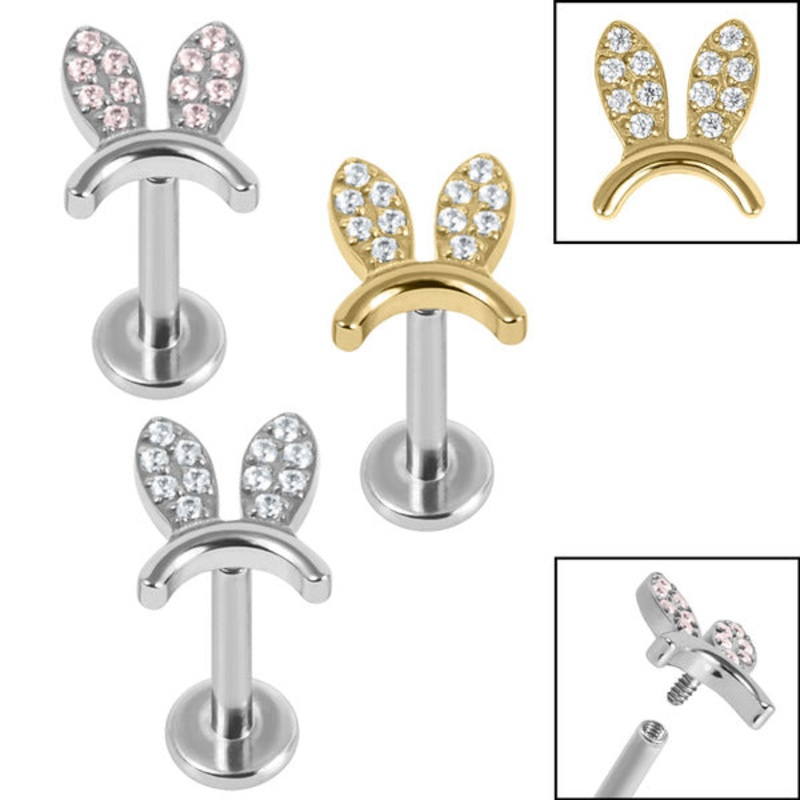 Titanium Internally Threaded Labrets 1.2mm - Titanium Claw Set Jewelled Bunny Ears