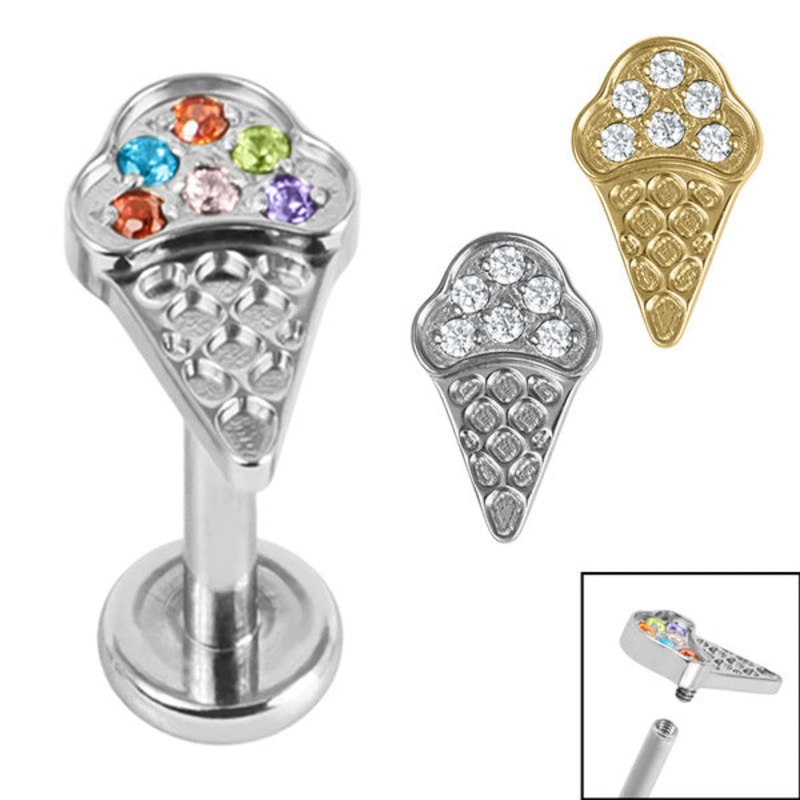 Titanium Internally Threaded Labrets 1.2mm - Titanium Claw Set Jewelled Ice Cream Cone