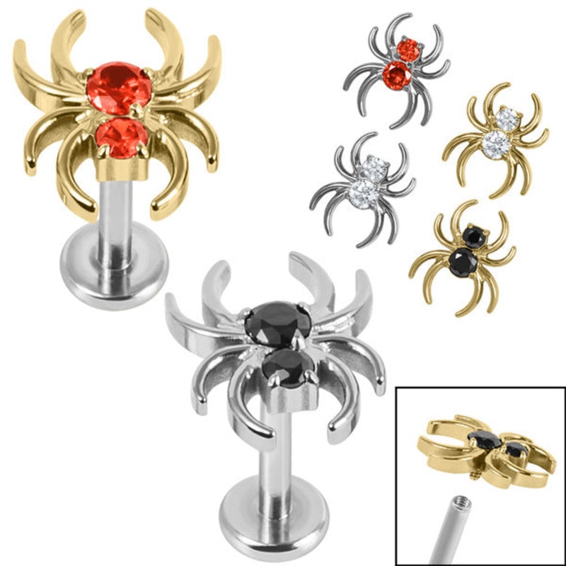 Titanium Internally Threaded Labrets 1.2mm - Titanium Claw Set Jewelled Spider