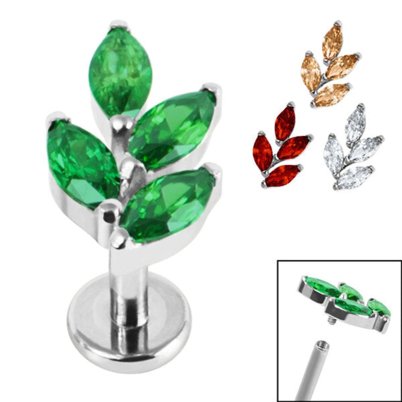 Titanium Internally Threaded Labrets 1.2mm - Titanium Claw Set Marquise Jewelled Leaf