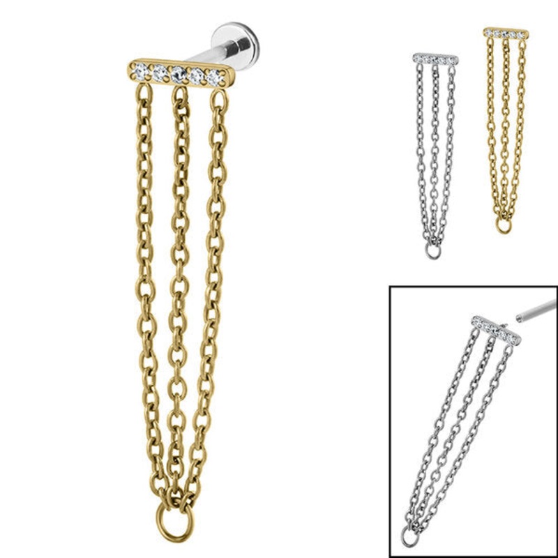 Titanium Internally Threaded Labrets 1.2mm -Titanium Jewelled Bar with Triple Chain