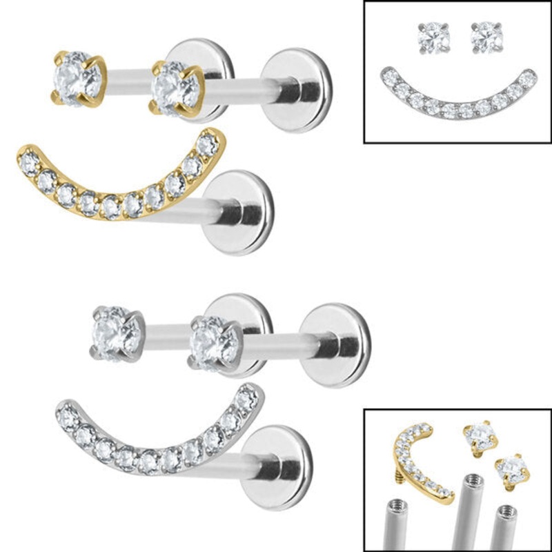 Titanium Internally Threaded Labrets 1.2mm - Titanium Jewelled Smiley Face Pack