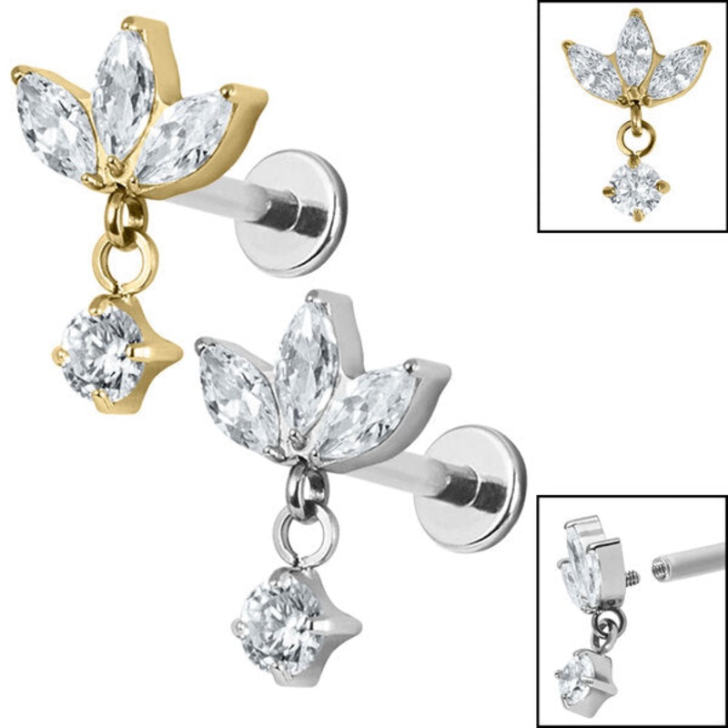 Titanium Internally Threaded Labrets 1.2mm - Titanium Marquise Triple Jewelled Fan with Solitaire