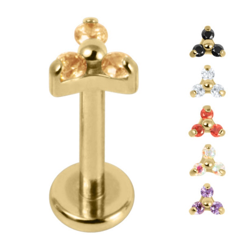 Gold Titanium Internally Threaded Labrets 1.2mm - Gold Titanium Claw Set CZ Jewelled Mini Trinity