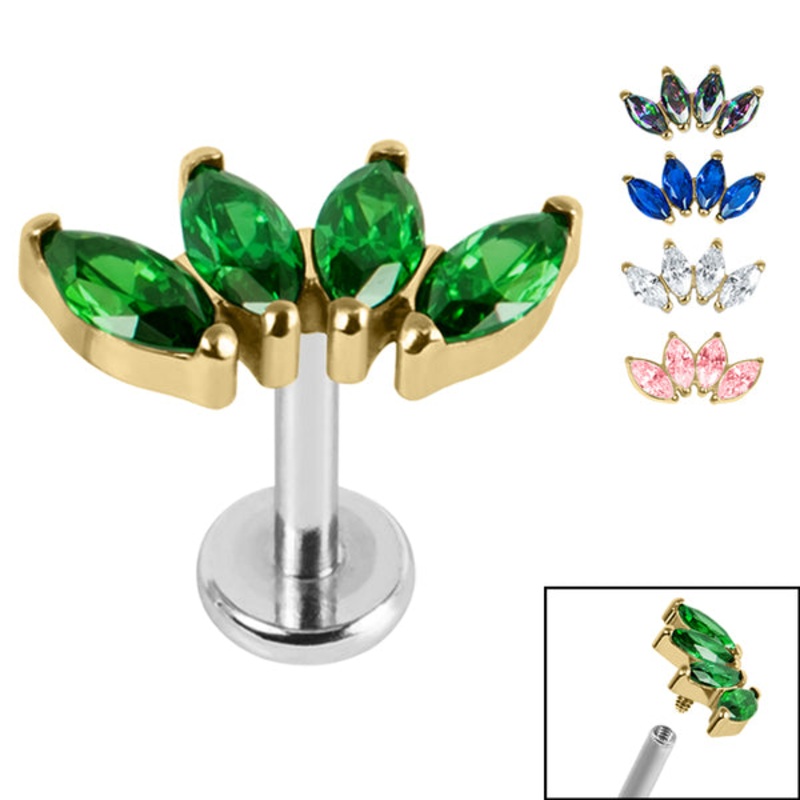 Titanium Internally Threaded Labrets 1.2mm - Gold Titanium Claw Set 4 CZ Jewel Marquise Fan