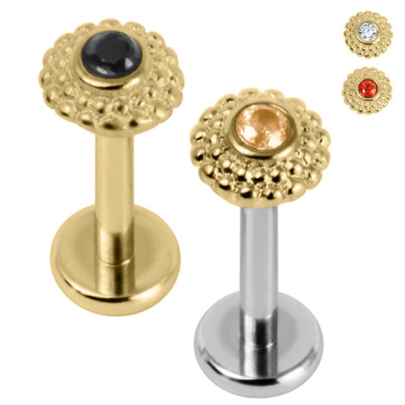 Titanium Internally Threaded Labrets 1.2mm - Gold Steel Bezel Set Jewelled Asia Sunshine