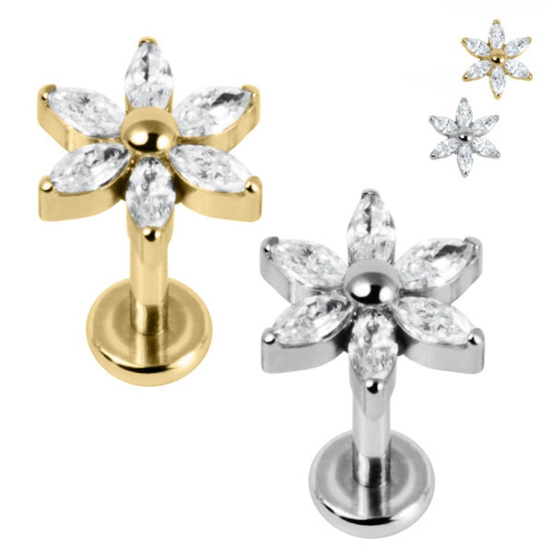Titanium Internally Threaded Labrets 1.2mm - Titanium Claw Set Jewelled Lily Flower
