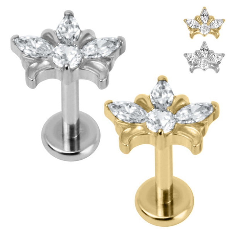 Titanium Internally Threaded Labrets 1.2mm - Titanium Claw Set Jewelled Water Lily