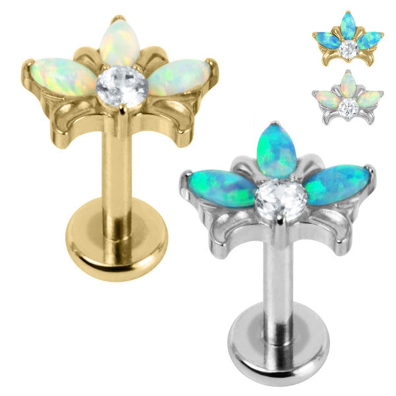 Titanium Internally Threaded Labrets 1.2mm - Titanium Claw Set Opal and Jewel Water Lily