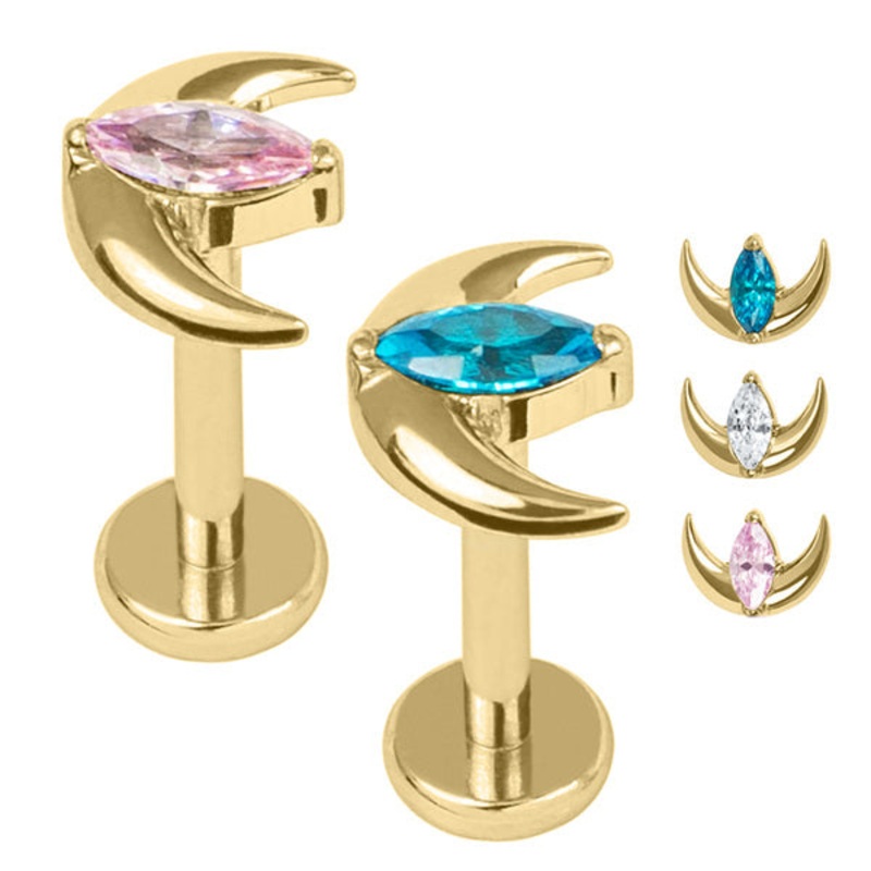 Gold Titanium Internally Threaded Labrets 1.2mm - Gold Titanium Jewelled Trekking Crescent Moon