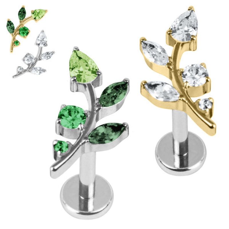 Titanium Internally Threaded Labrets 1.2mm - Titanium Claw Set Jewelled Leaf Vine