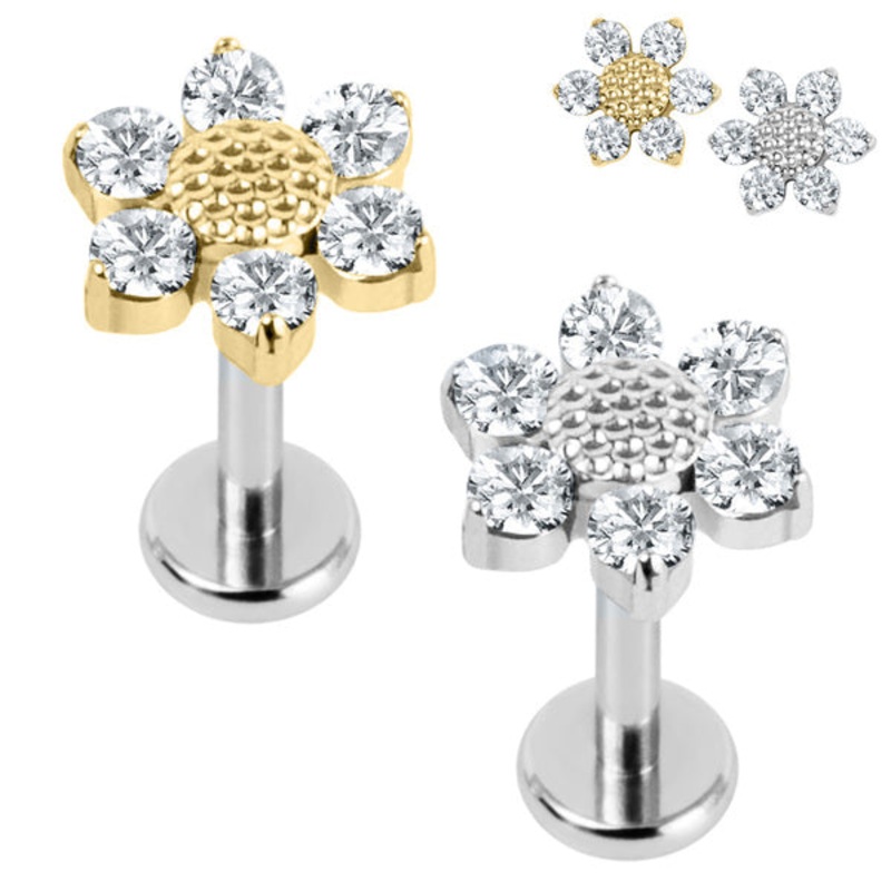 Titanium Internally Threaded Labrets 1.2mm - Titanium Jewelled Golden Daisy