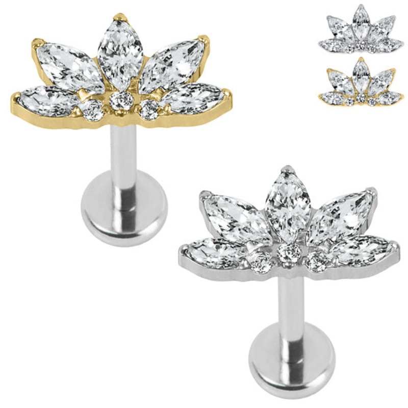Titanium Internally Threaded Labrets 1.2mm - Titanium Jewelled Lotus Marquise Fan