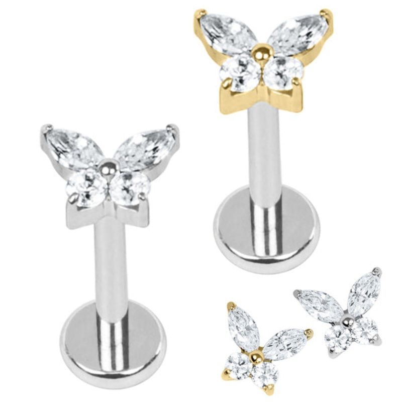 Titanium Internally Threaded Labrets 1.2mm - Titanium Jewelled Queen Butterfly