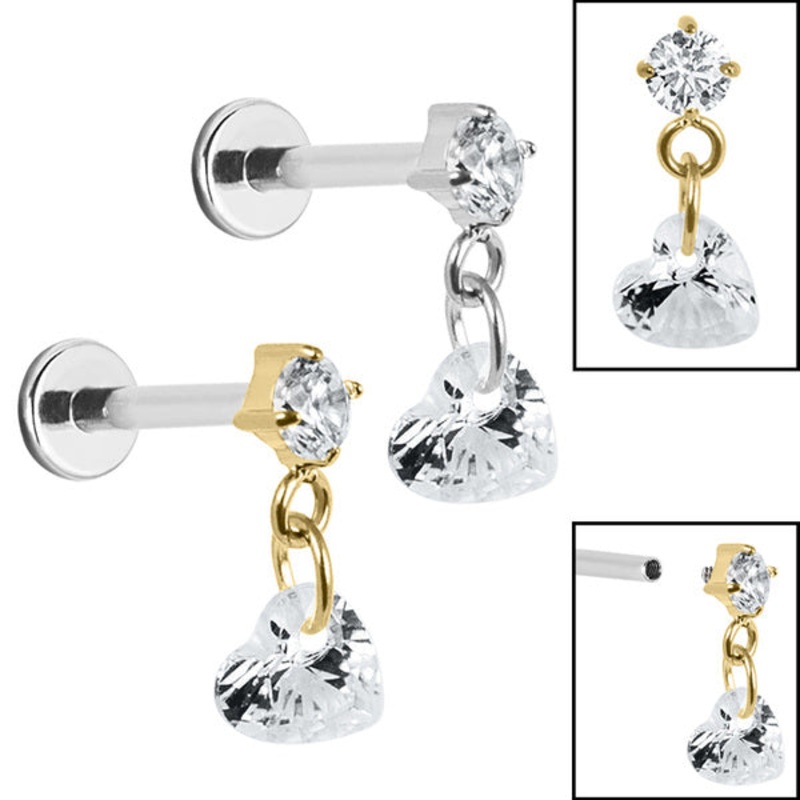Titanium Internally Threaded Labrets 1.2mm - Titanium Jewelled Solitaire with Heart Charm