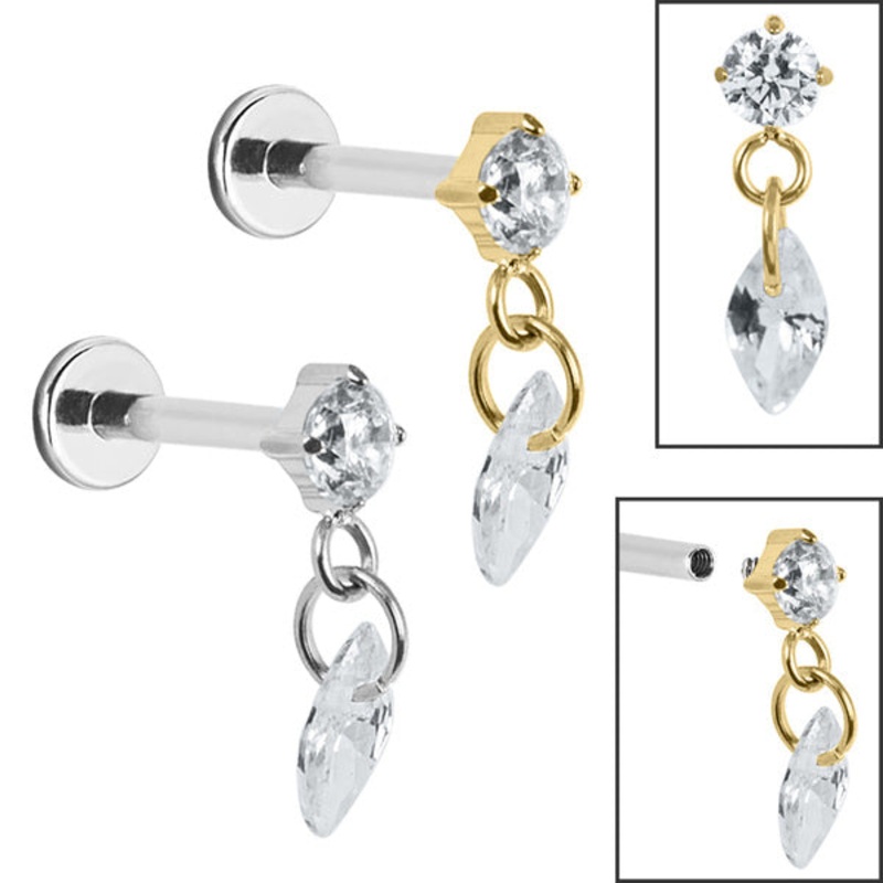 Titanium Internally Threaded Labrets 1.2mm - Titanium Jewelled Solitaire with Marquise Charm