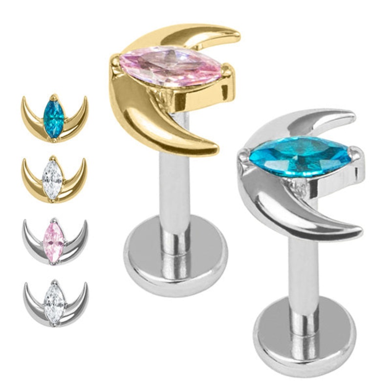 Titanium Internally Threaded Labrets 1.2mm - Titanium Jewelled Trekking Crescent Moon