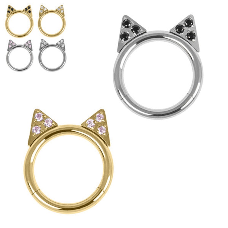 Titanium Jewelled Kitty Cat Ears Hinged Ring