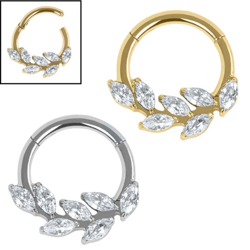 Titanium Marquise Jewelled Leaf Vine Hinged Ring