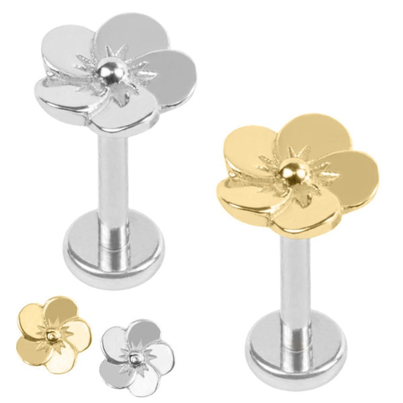 Titanium Internally Threaded Labrets 1.2mm - Steel Pansy Flower