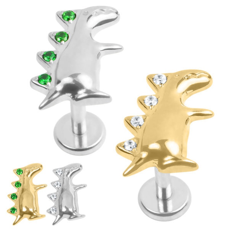 Titanium Internally Threaded Labrets 1.2mm - Titanium Jewelled Spiked Dino