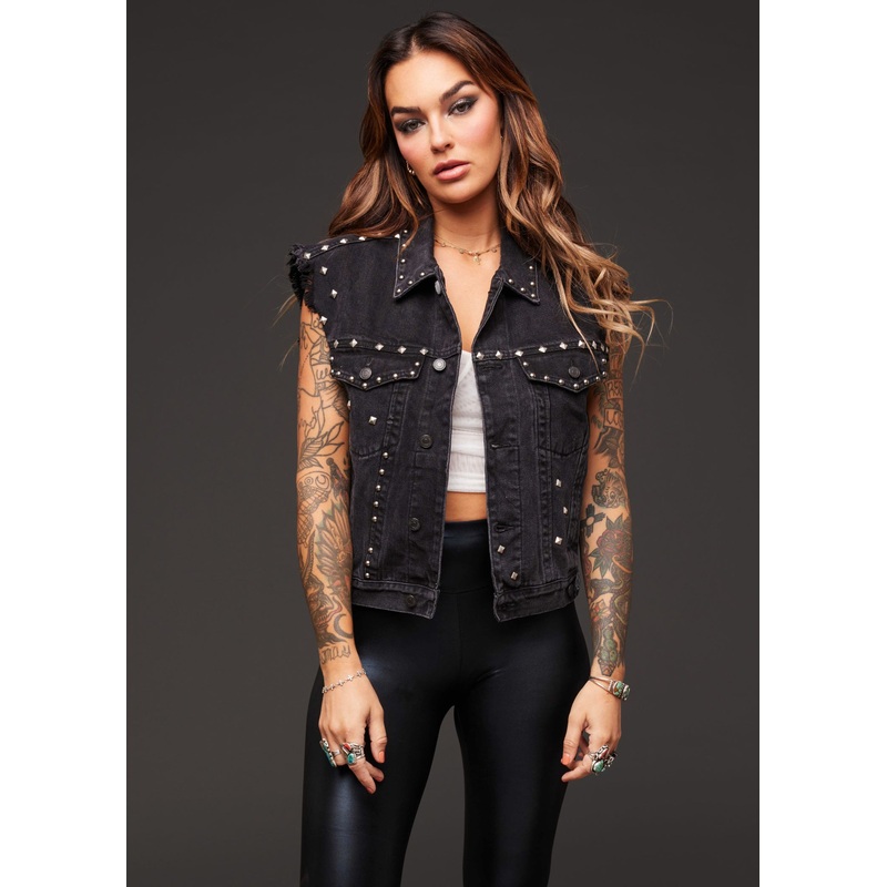 Black Denim Oversized Sleeveless Vest with Studs