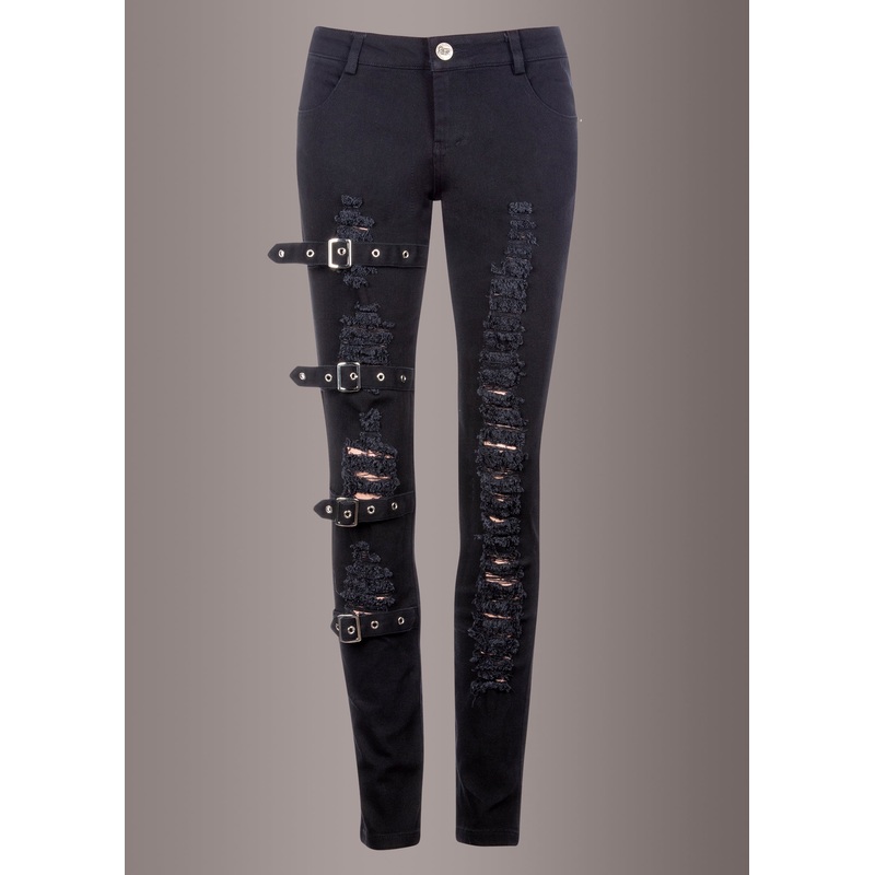 Black Denim Ripped Skinny Jeans with Buckles