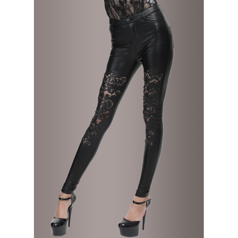 Faux Leather Pants with Cutout Lace Pattern