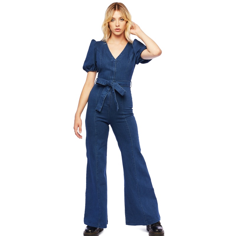 Get in the Groove Flared Bell Bottom Jeans Jumpsuit with Puff Sleeves