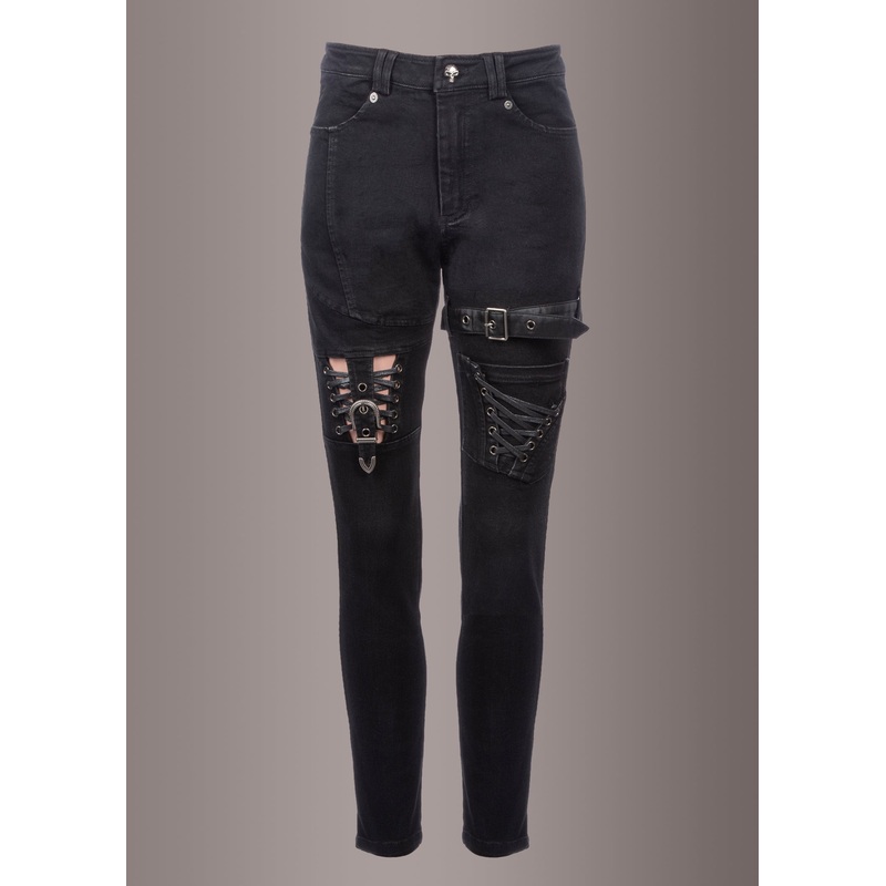 Punk Rave Black Denim Lace Up Jeans with Buckles