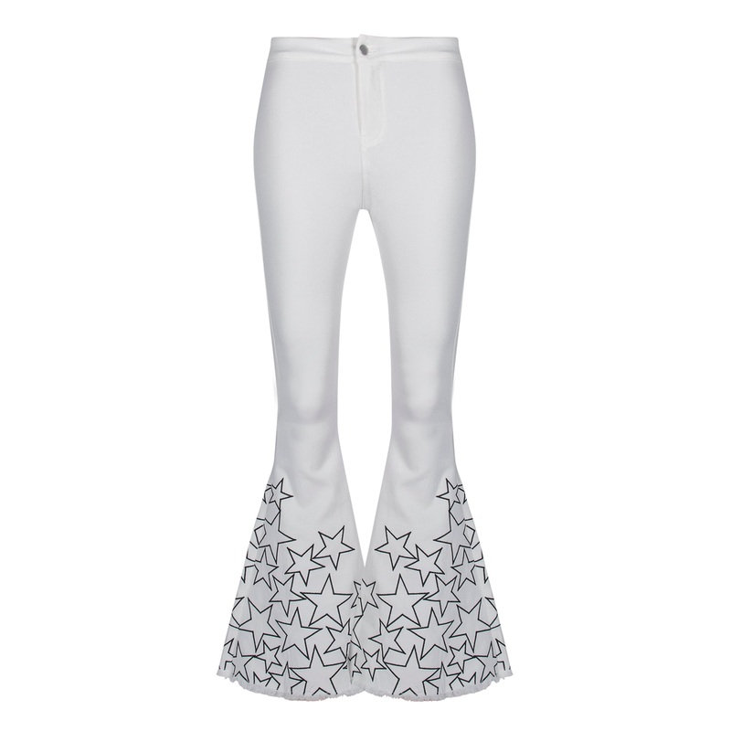 White High Waist Bell Bottom Flare Jeans with Star Embroidery