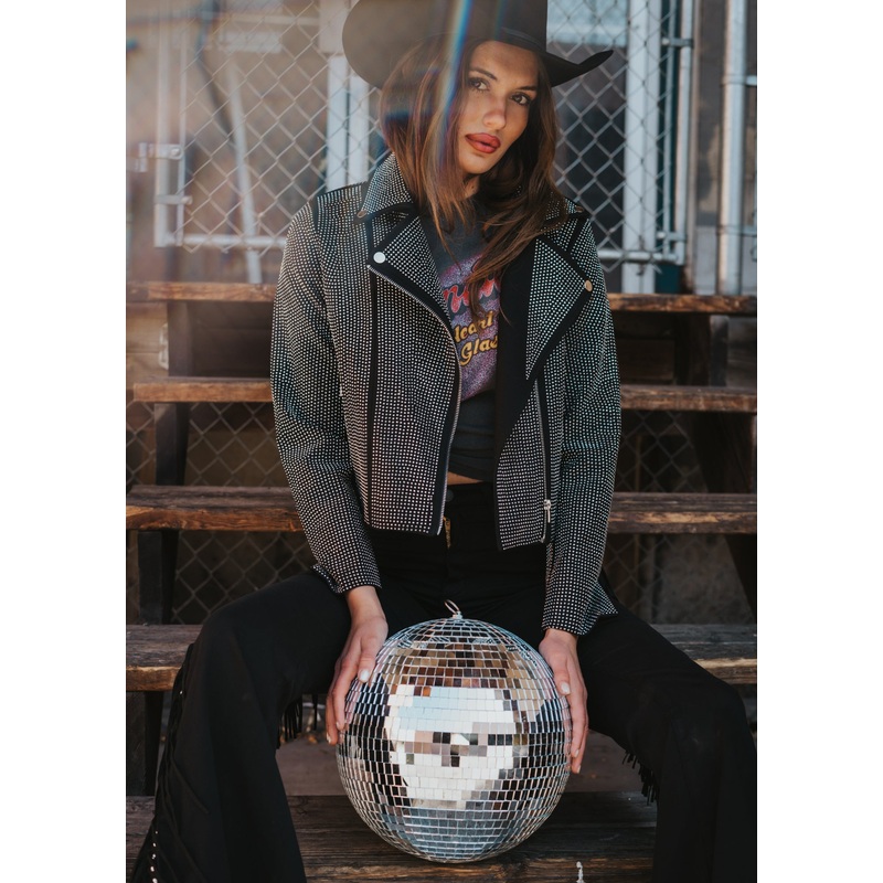 Crystal Studded Stretch Zip Up Moto Jacket