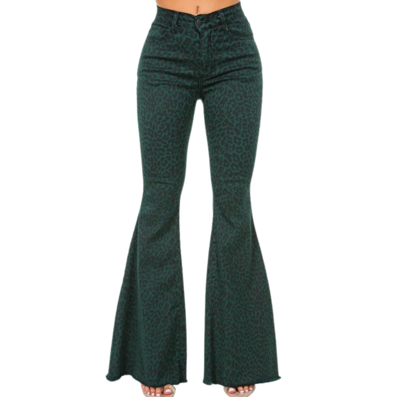 Leopard Bell Bottom Jean in Green