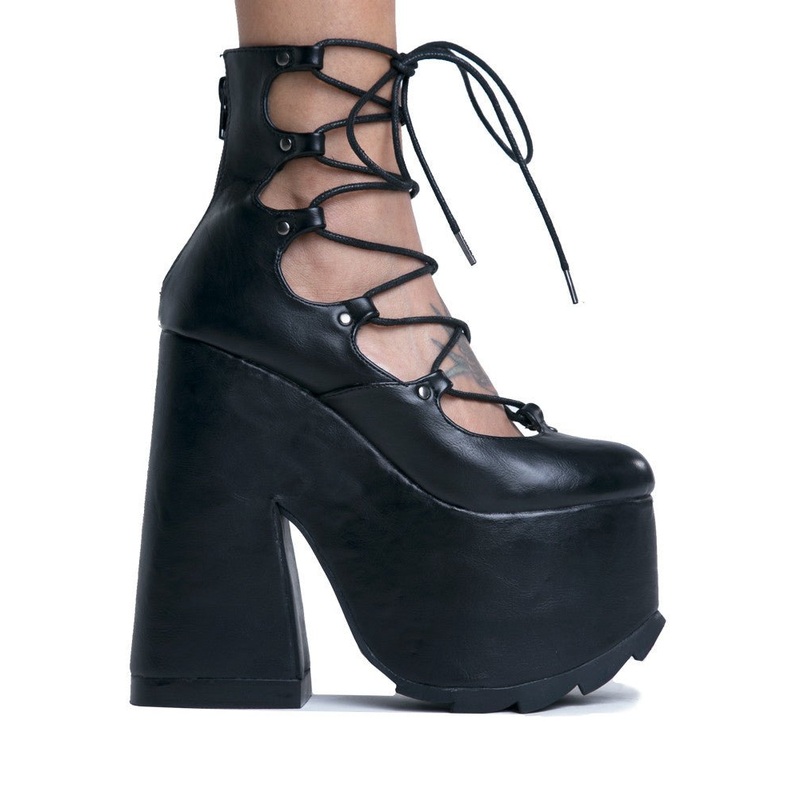 YRU Lucid Black Lace Up Chunky Platform Shoes