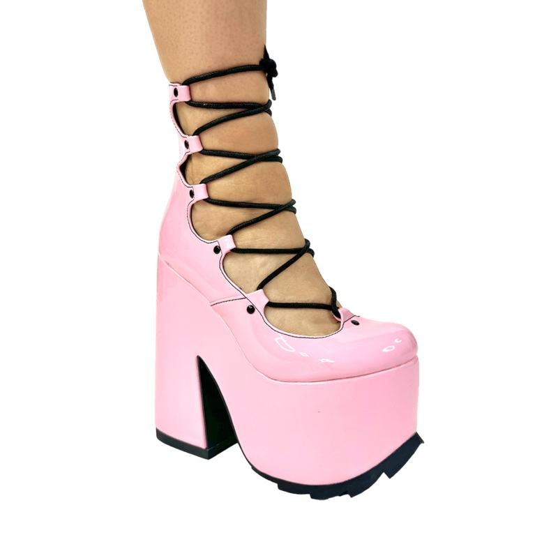 YRU LUCID PINK/BLACK Lace Up Chunky Platform Shoes