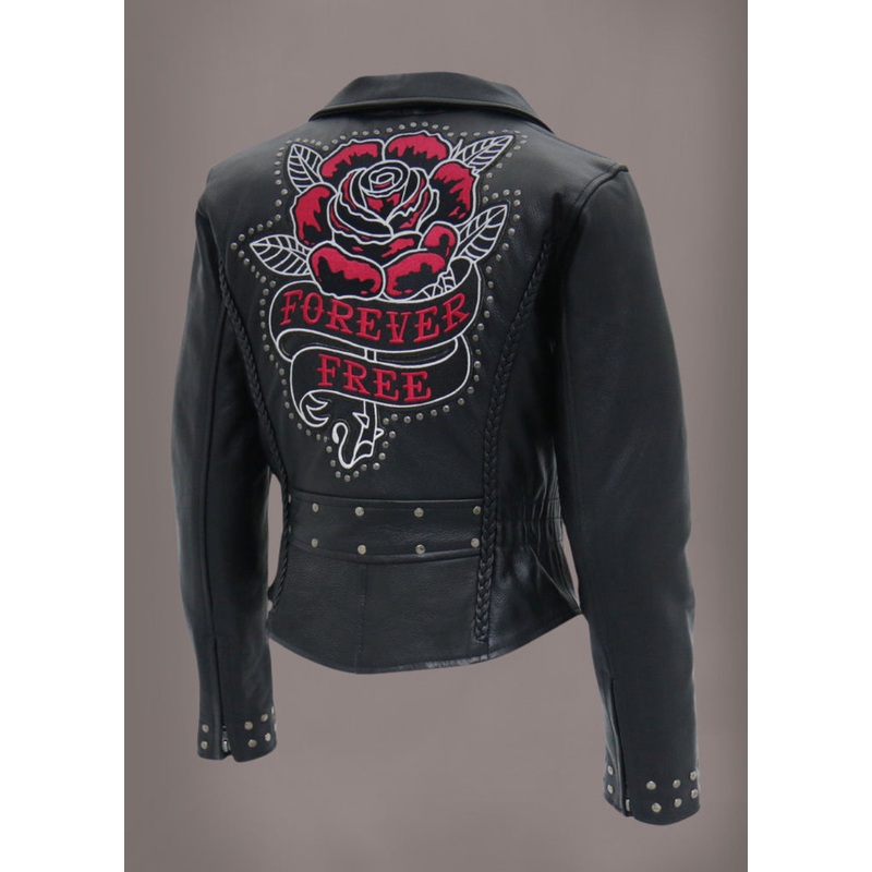 Forever Free Embroidered Rose Leather Motorcycle Biker Jacket