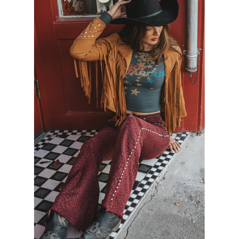 Night Tales Red Leopard Studded Bell Bottoms