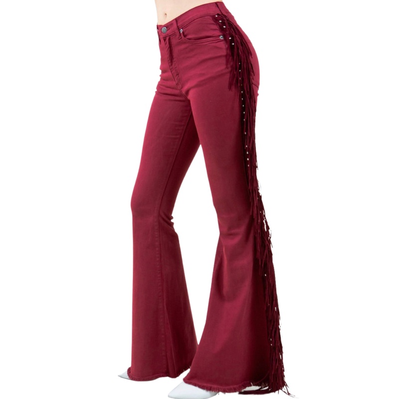 Texas Sun Burgundy Red Denim Fringe Bell Bottoms