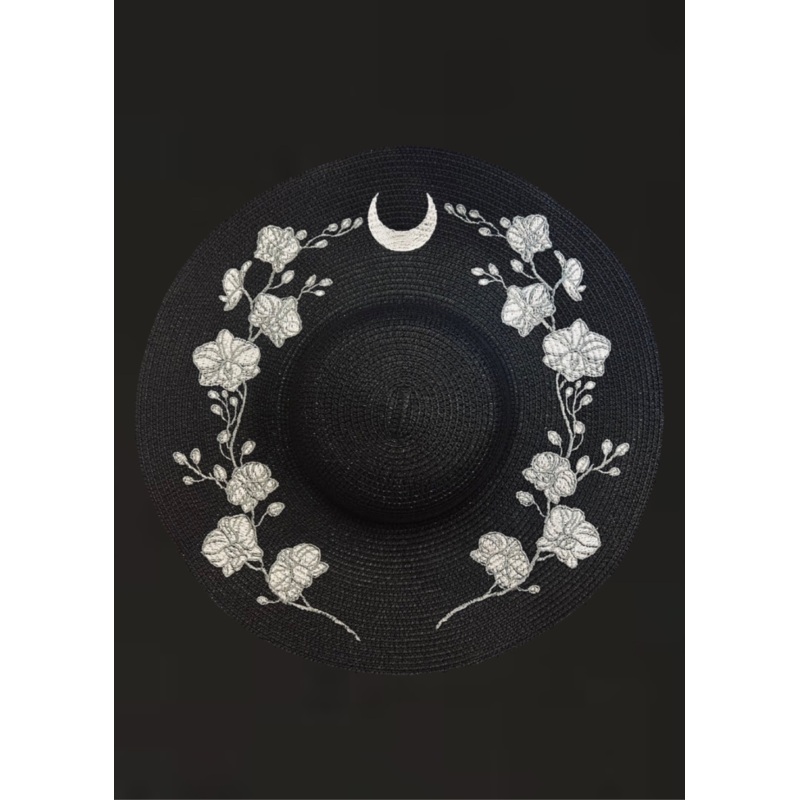 Black Goth Moon and Orchids Straw Hat