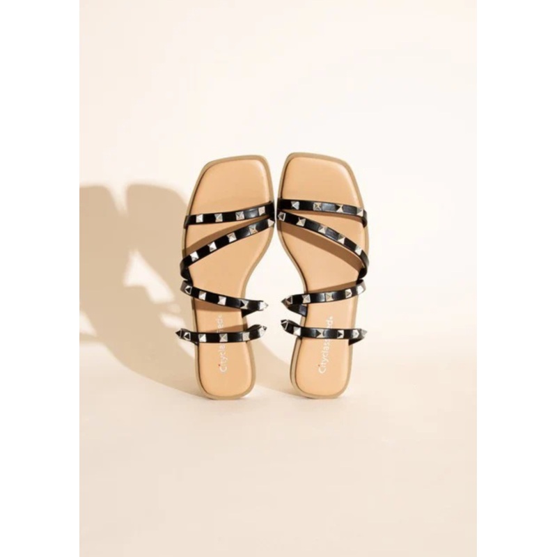 Black Studded Flat Slides Sandals
