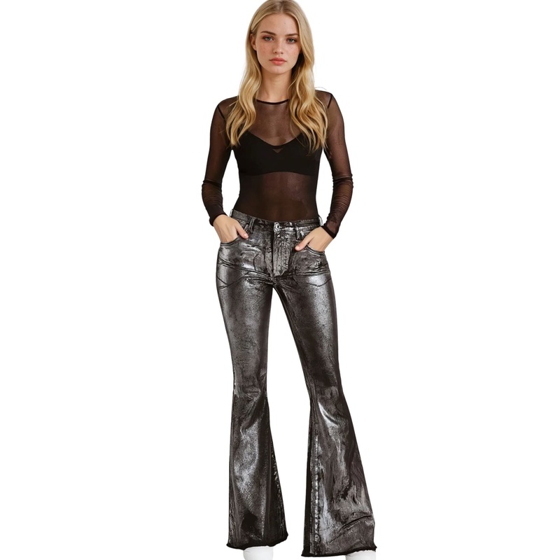 Metallic Foil Flare Bell Bottom Jeans
